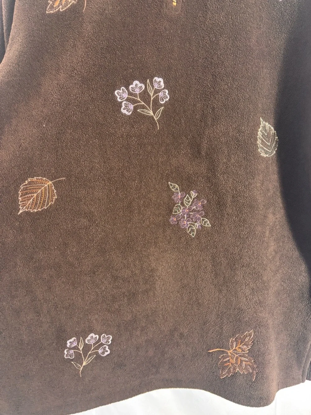 VTG Brown Embroidered‎ 1/4 Zip Artsy Boho Cozy Fleece Spring Sweater Size M